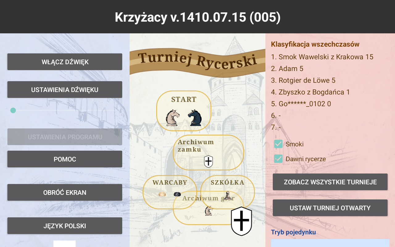 Panel gry turnieju rycerskiego